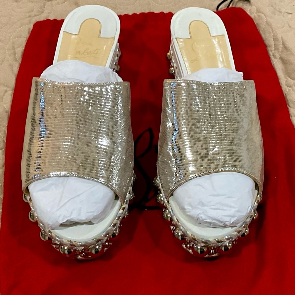 SOLD!! Christian Louboutin Metallic Silver Textured Platform Wedge Sandals